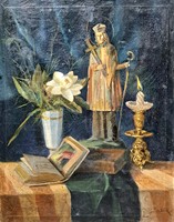 Csendélet szent figurával - olajfestmény Sebők szignóval - könyvek és gyertya