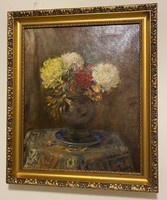 Floral still life with chrysanthemums. Medium size oil painting.