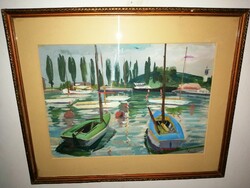 Mihály Schéner (1923-2009): sailboats in the harbor, original, framed oil painting.