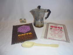 Retro coffee-related items together - cooter, unipress coffee scoop, bags, packaging