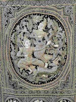 Hindu, Buddhist hand-embroidered (pearls, sequins) antique carpet, kalaga. Ramayana scene is not touristic