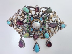 From 378T.1 HUF 19.Sz Hungarian silver 800‰ 14.6G gold jewelry with garnet stone with turquoise and true pearl with enamel