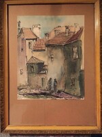Simon Iván: Kőszegi vár melletti házak 1963,junius- akvarell, tus, papíron