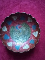 Indian copper serving bowl with a peacock pattern