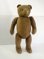 Large dark brown straw teddy bear with wooden base, teddy bear, vintage retro decoration 50s 60s