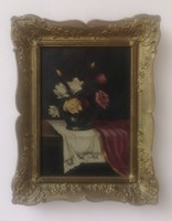 Antique, rosy still life. Signed oil painting. Flawless.