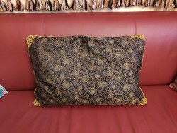 Antique silk decorative pillow, large size aubergine purple tone Turkish pattern with flower tendrils cord hemming