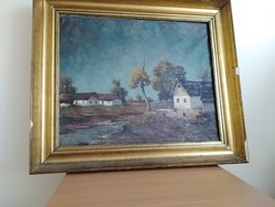 Village landscape before the storm - oil on canvas 60x70 cm signed István Baráth