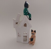 Karácsonyi fehér mécsestartó házikó cicákkal 3 db