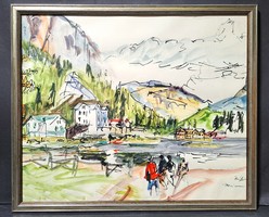 Walking in the mountains (painting in a silver frame) Alpine village? With a lake - signed portrait, landscape