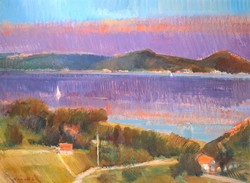 László Németh: Balaton (oil painting 60x80 cm, gallery) landscape, skyline, panorama, lake