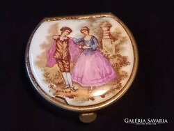 For Christmas, metal jewelry holder, medicine box, with porcelain insert on top (rococo scene, damaged)