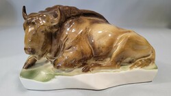 Zsolnay hand painted reclining bison, bull