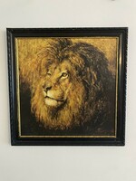 Hunter painting - print in an antique frame - lion portrait - thick gauze