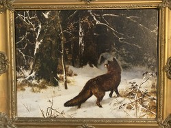 Hunter painting - print in an antique damaged frame - fox meets deer