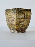 Applied art ceramic vase / ornamental object, with a stylized, plastic cityscape (Budapest)