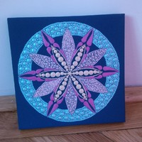New! Turquoise pink mandala picture hand-painted 20x20cm on stretched canvas made with dotting technique