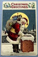 Antik dombornyomott Karácsonyi üdvözlő képeslap - Mikulás  puttony  kémény éjszaka 1909ből