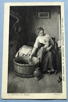 Antique engraving-style artist postcard - mother bathing her child