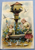 Antik dombornyomott Újévi üdvözlő képeslap - gyerekek galambduc 4levelű lóhere nefelejcs