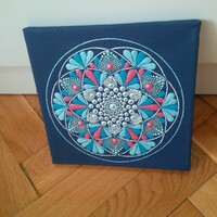 New! Blue red mandala picture hand-painted 20x20cm on stretched canvas made with dotting technique