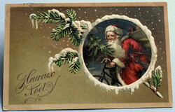 Antik dombornyomott Karácsonyi üdvözlő képeslap - Mikulás kerékpéron fenyőfával  1910ből