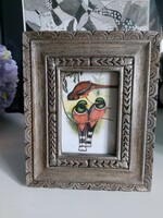 Richly carved, decorated thick wooden frame with old bird print 21 x 18 cm