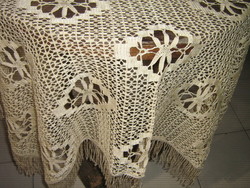 Beautiful vintage buttery yellow fringed lace tablecloth