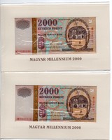 2.000 Forint Millenneumi Bankjegy Díszkiadásban Sorszámkövető 2 db párban 2000 Augusztus 20