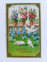 Régi virágos képeslap dombornyomott levelezőlap galambok rózsa nefelejcs ibolya