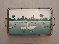 Art Nouveau tray with faience inlay, metal frame with pastel flower decoration