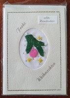 Karácsonyi képeslap borítékkal postatiszta üdvözlőlap levelezőlap hímzett gömb fenyőág