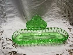 Small green glass tray + perfume bottle without spray nozzle