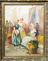 István Bélaváry Burchard: flower market (oil painting in a beautiful frame) a serene picture of life
