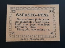 Ritka! Miskolc-Diósgyőr 1920, Blazsek József fűszer-csemege kereskedő 50 Filléres szükségpénze.