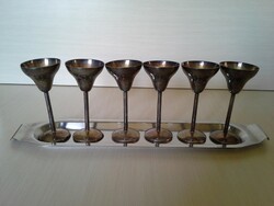 Silver-plated brandy liqueur glass set set on a tray, antique