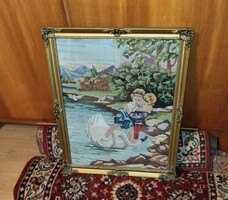Gobelin picture with swan children in blonde frame