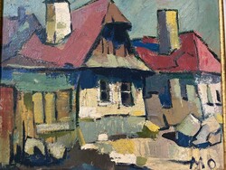 Felsőbányai házak - olaj kartonon - MO jelzéssel - (Mohi Sándornak tulajdonítva)