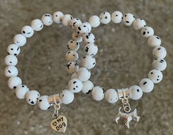 White black polka dot jade mineral friendship bracelets in a pair Dalmatian dog
