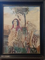 Antique micro tapestry with wonderful colors in a wooden frame