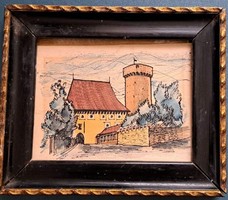 Pólya Tibor. Old castle watercolor paper, size: 23x18 cm. With original antique frame.
