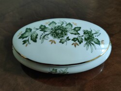 Hollóháza green flower patterned flat oval porcelain bonbonier box with lid