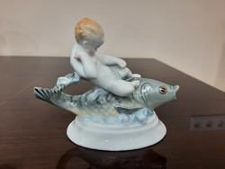 Herend boy riding a fish, fish putto figure