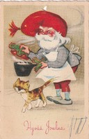 T:13 Karácsonyi  cica a Télapóval képeslap ( Lyukas fent a lap)