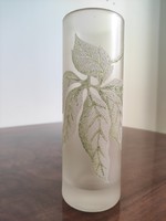 Különleges henger alakú iparművészeti fehér zöld erezett levél mintás savmaratott antik üveg váza