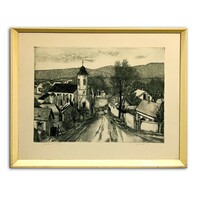 Domokos Gaál (1940-2009) village street - artistically controlled etching framed (invoice provided)