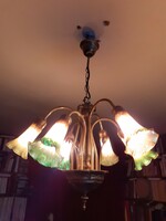 Secession-style Austrian six-arm chandelier with colorful shades. Easter sale!