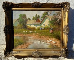 Antique oil-on-canvas painting in a beautiful blonde frame in neo-Grady style. Signed.