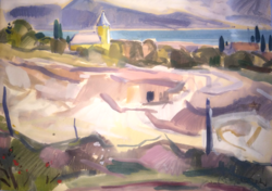 NAGYBÁNYAI NAGY ZOLTÁN: Falu a Duna mellett c. festménye. Akvarell
