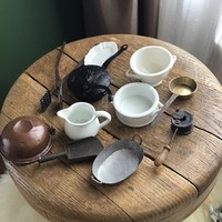 Antique small kitchen iron, copper and porcelain dishes in one